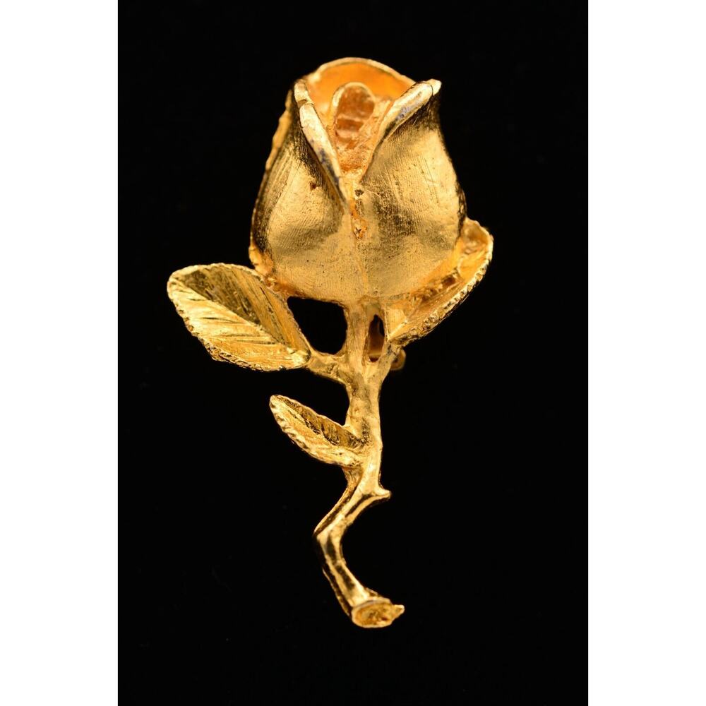 DFA Vintage Rose Pin Brooch Signed Brushed Gold Long Stem Rosebud Signed Bin5A